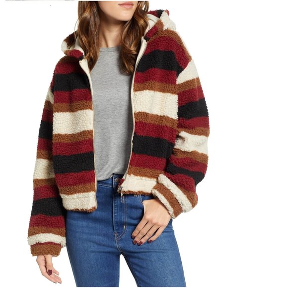 Striped sherpa cropped zip up hoodie jacket - Picture 1 of 5